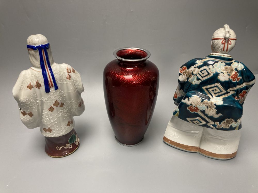A Japanese enamel vase, 18cm and two Kutani figures of Samurai warriors